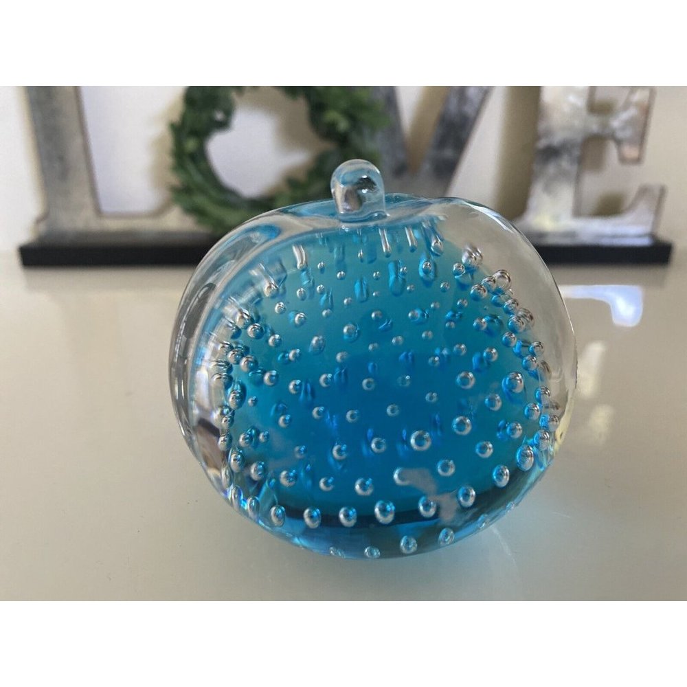 FM Konstglas Ronneby Sweden Solid Glass Apple or Peach Blue Bubbles Paper Weight
